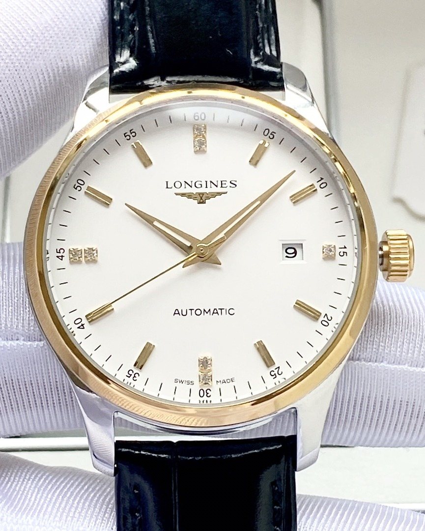 Longines Gold Black White Dial Leather Strap Watch — hero