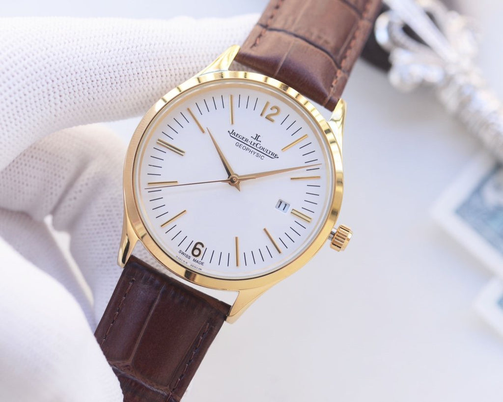 Jaeger-LeCoultre Gold Brown White Dial Leather Strap Watch — hero